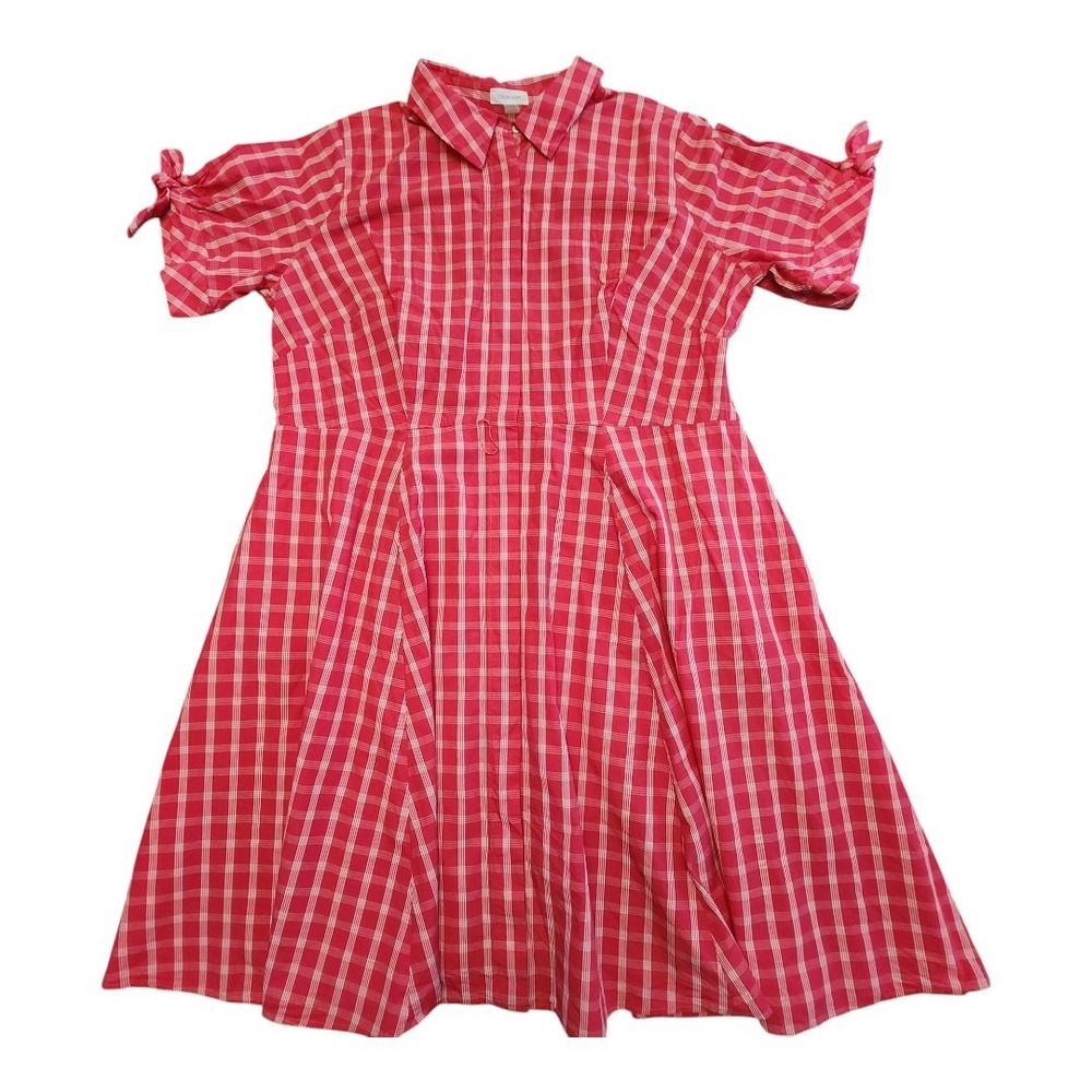 Calvin Klein Women's Check Pink‎ White Dress Size 16W A-line Belt Midi Pockets
